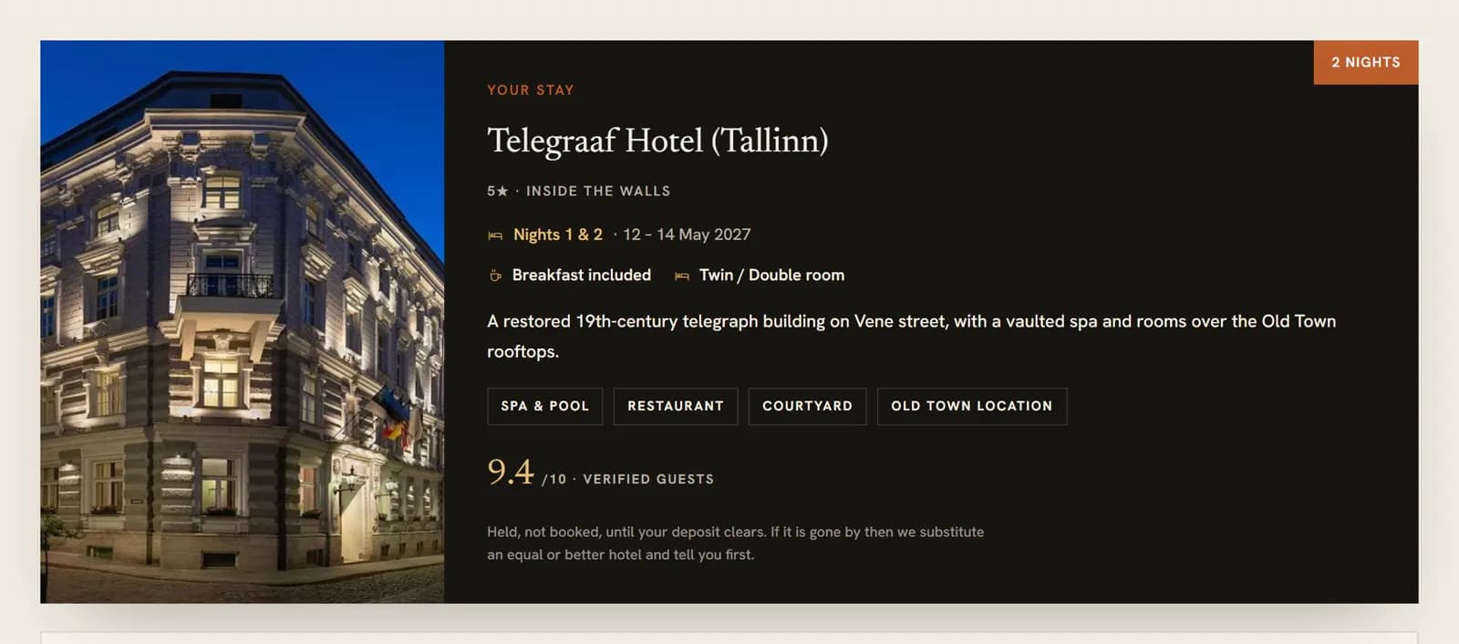 Best of Estonia — a hotel stay card in the client itinerary
