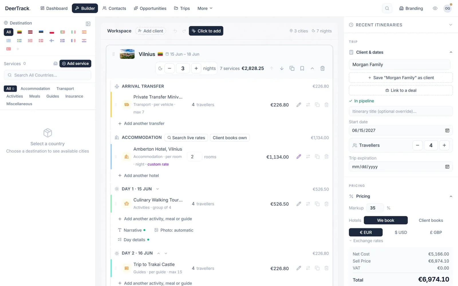 The Deer Track itinerary builder with a priced trip and the pricing summary