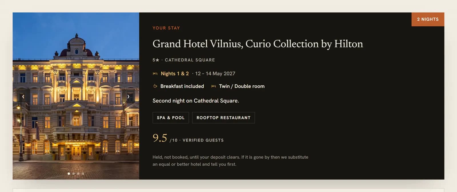 The Three Crowns — a hotel stay card in the client itinerary