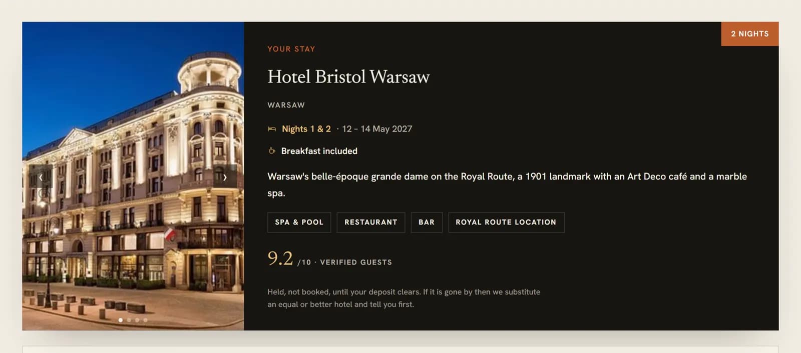 Best of Poland — a hotel stay card in the client itinerary