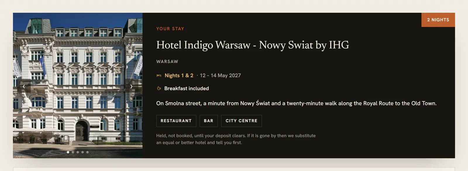 Four Capitals — a hotel stay card in the client itinerary