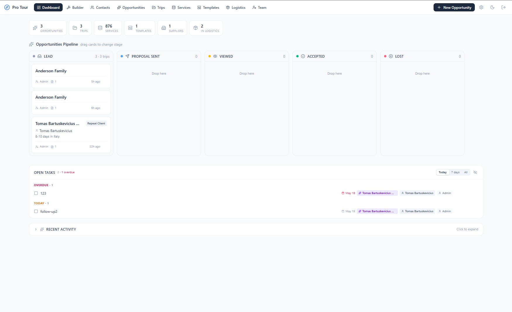 Deer Track dashboard with opportunities pipeline kanban, stat tiles and open tasks