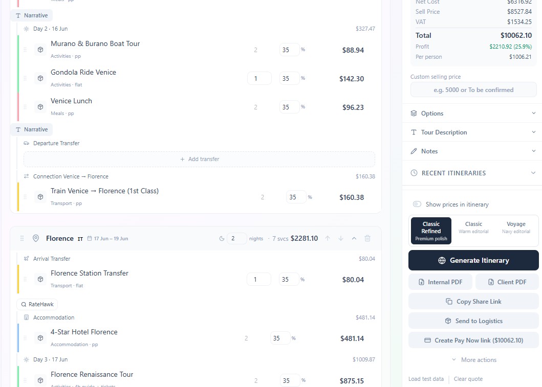 The builder — Venice and Florence services with live markup and a running quote total