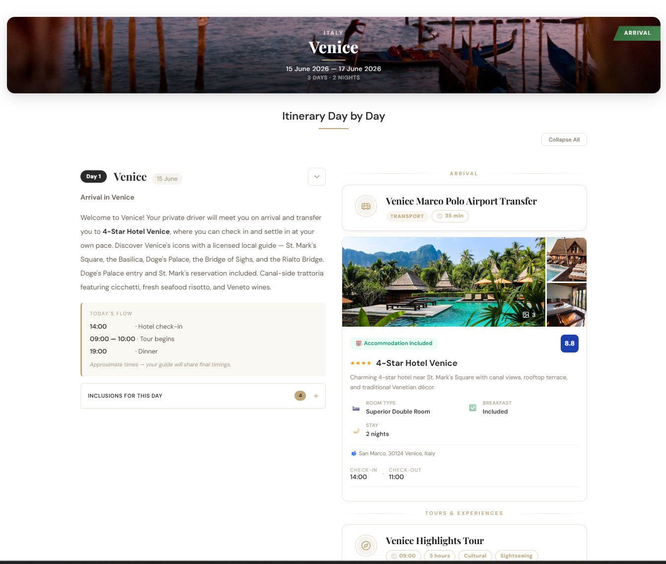 The branded client itinerary page — a Venice day-by-day with hero banner and hotel detail
