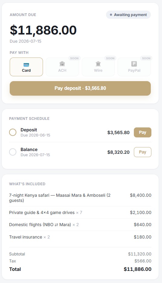 Client invoice awaiting payment — amount due, payment methods, and a Pay deposit button