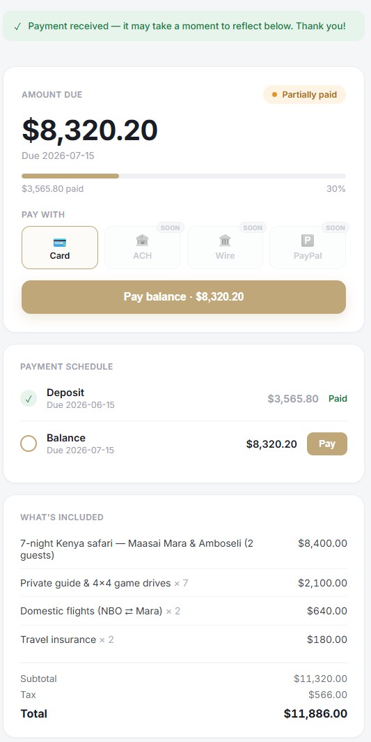 Client invoice marked paid — deposit received, balance schedule, and itemised inclusions